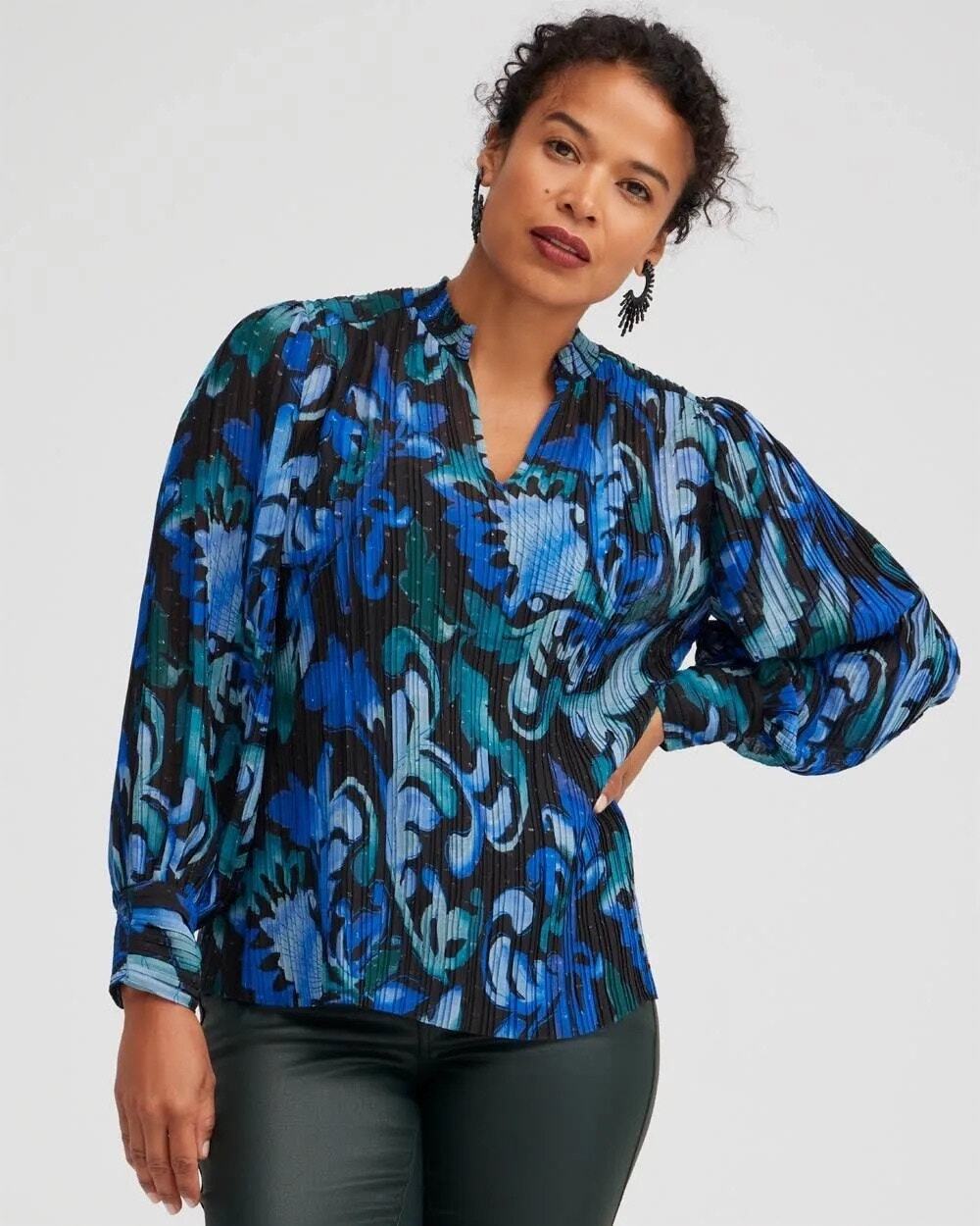 Chico's Black Blue Green Flowy Long Sleeve Blouse V-neck Women's .5 / 6 / Small